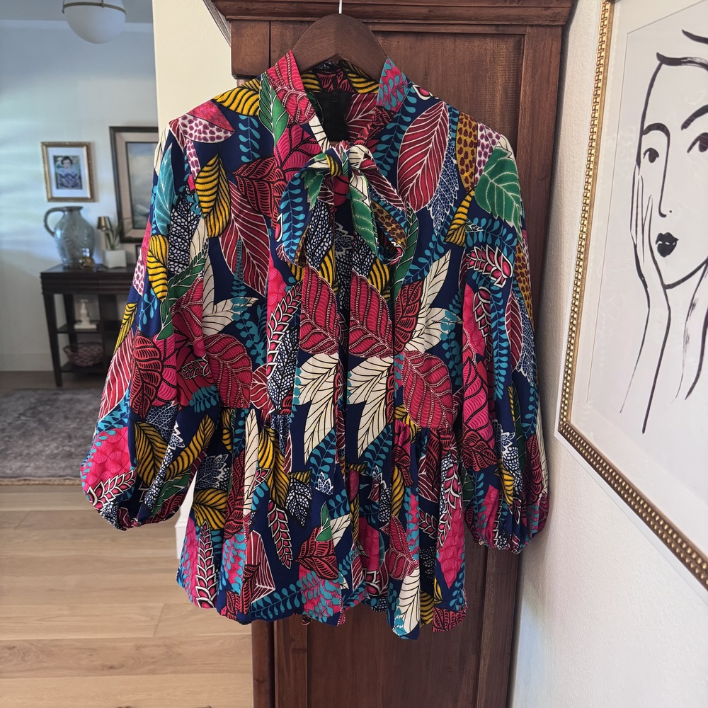 Mae Otti Tunic Blouse Womens Large Multicolor Floral High Neck Bow Sleeve